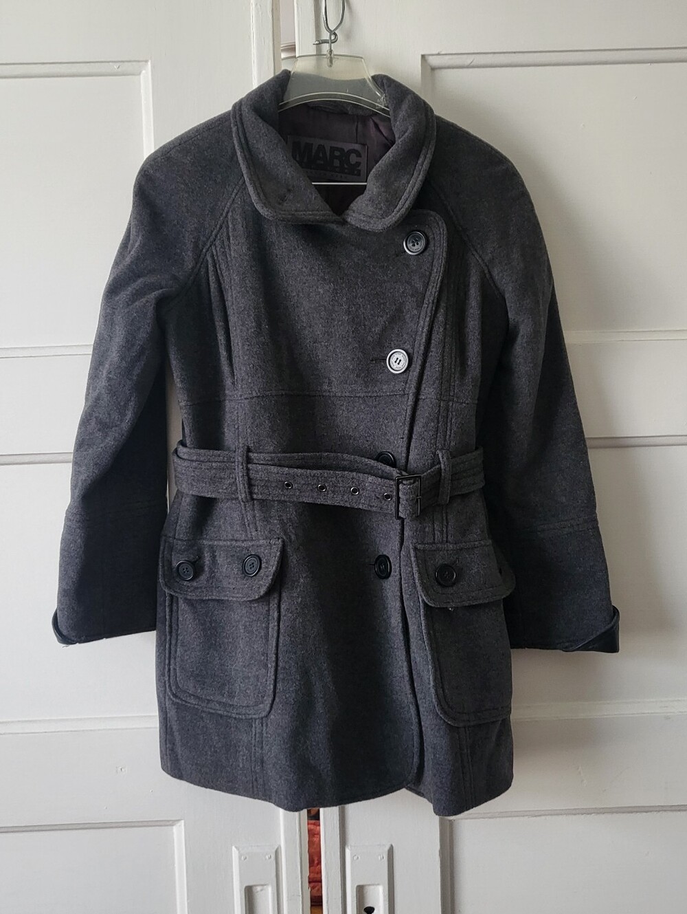 Marc New York Charcoal Gray Cashmere Blend Belted Peacoat Leather Trim M